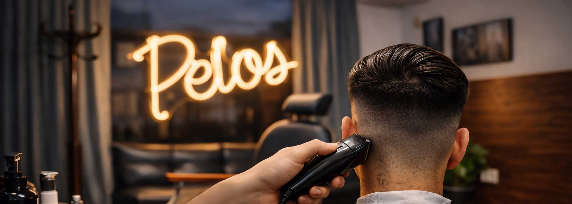 Barbero recortando el cabello de un cliente con máquina en una barbería.
